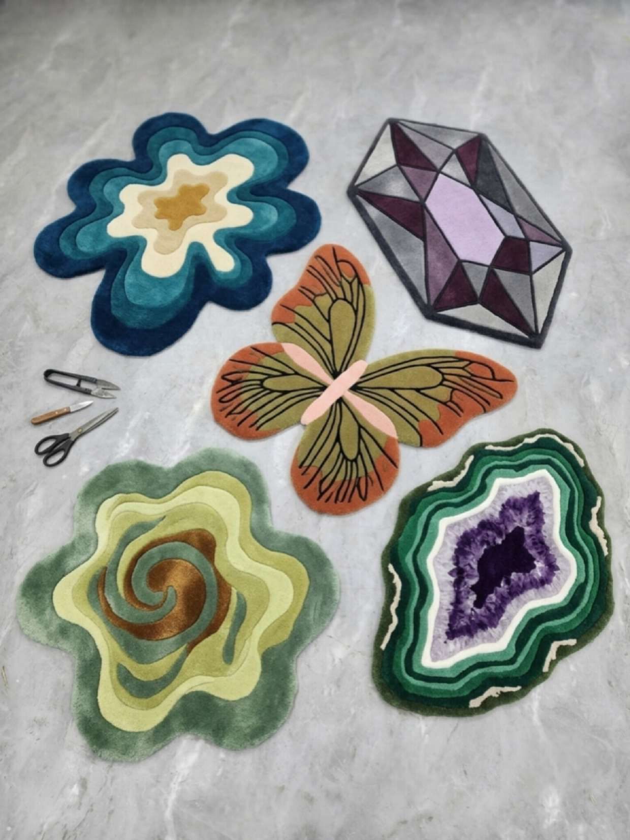 Custom hand-tufted rugs — flower, gemstone, butterfly, cloud and agate shapes