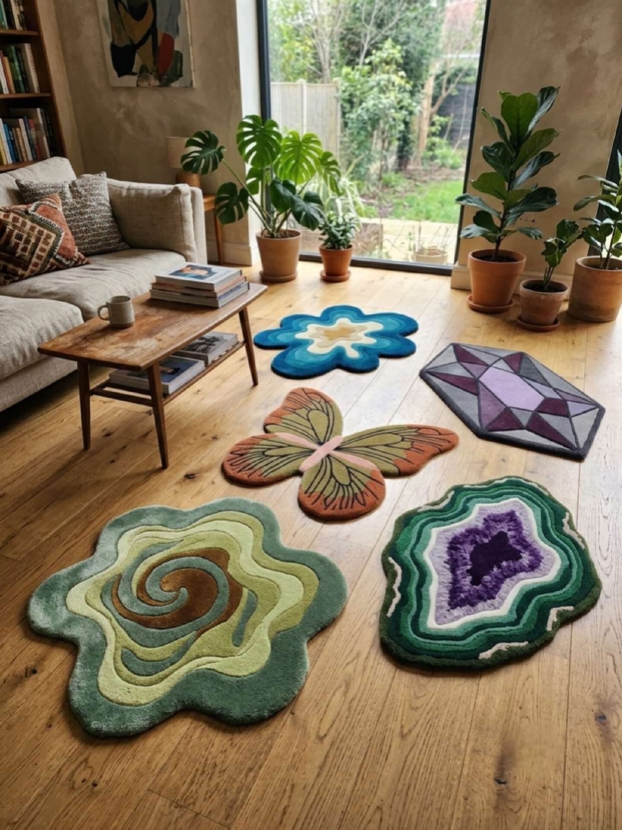 Butterfly, gemstone and flower hand-tufted rugs styled in a modern living room