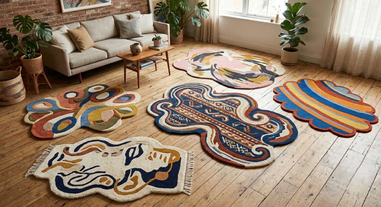 Colorful hand-tufted rugs in a living room setting