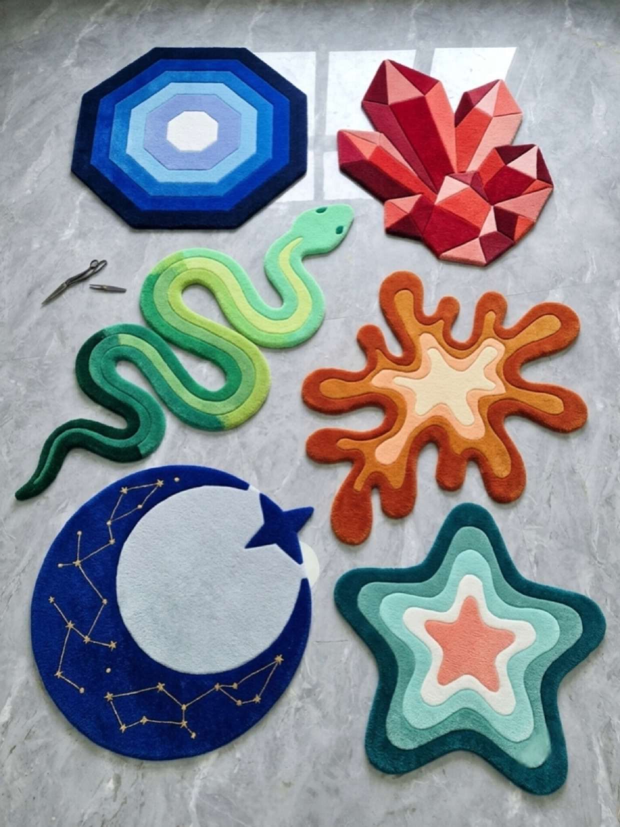 Custom hand-tufted rugs — octagon, crystal, snake, moon and star shapes
