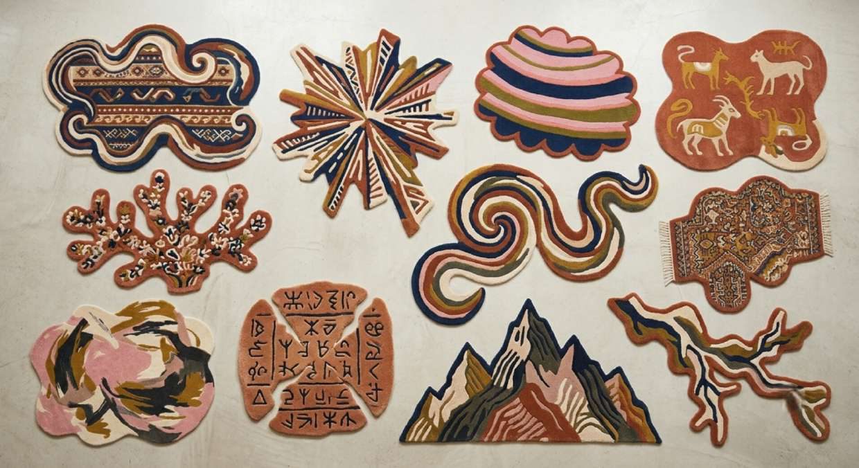 Twelve custom hand-tufted rugs — coral, mountains, cloud and abstract shapes